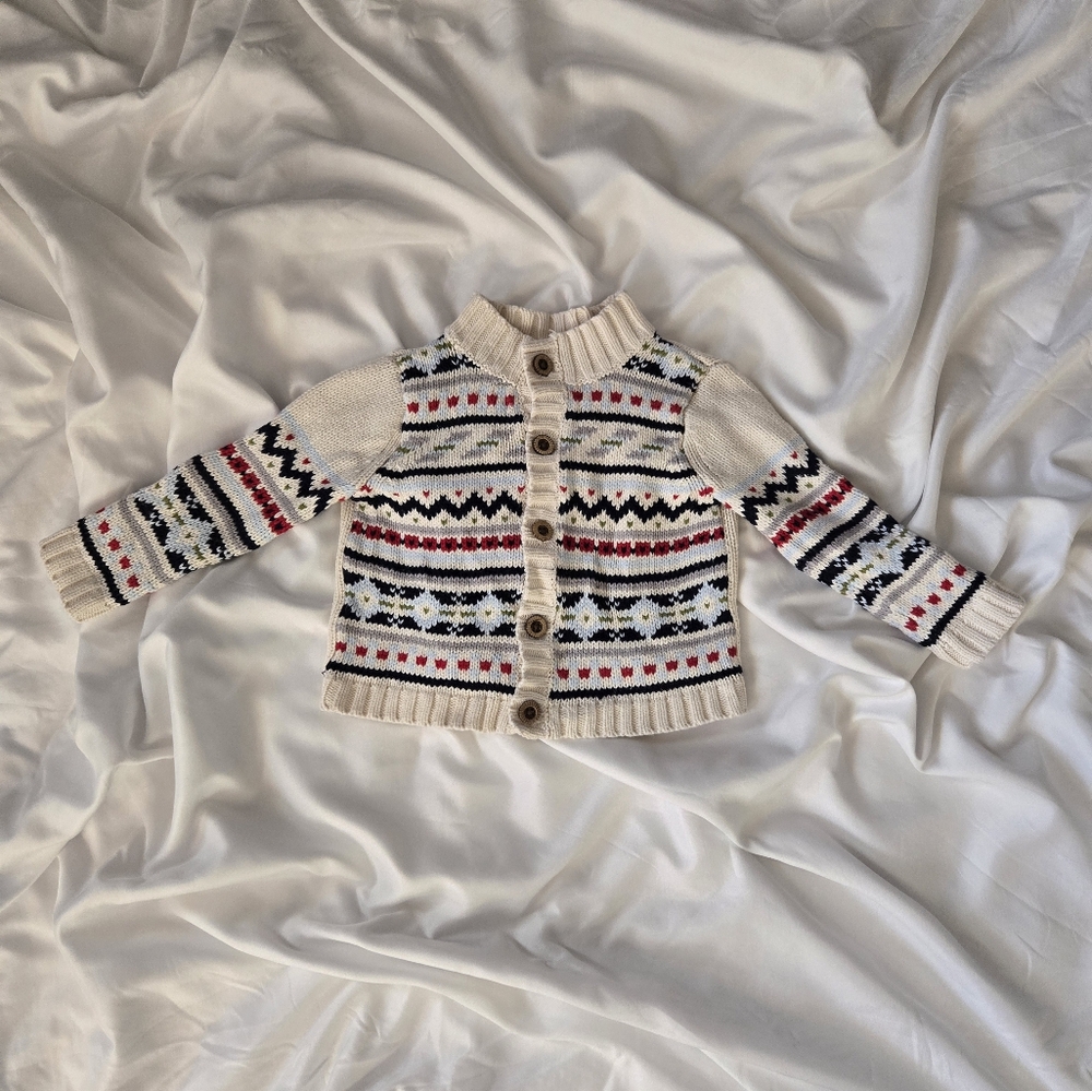 Adorable Knit Patterned Sweater - Cream, Red, Blue